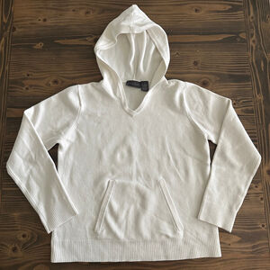 Women’s Relativity White Knit Hoodie Sweater M V-Neck Kangaroo Pocket